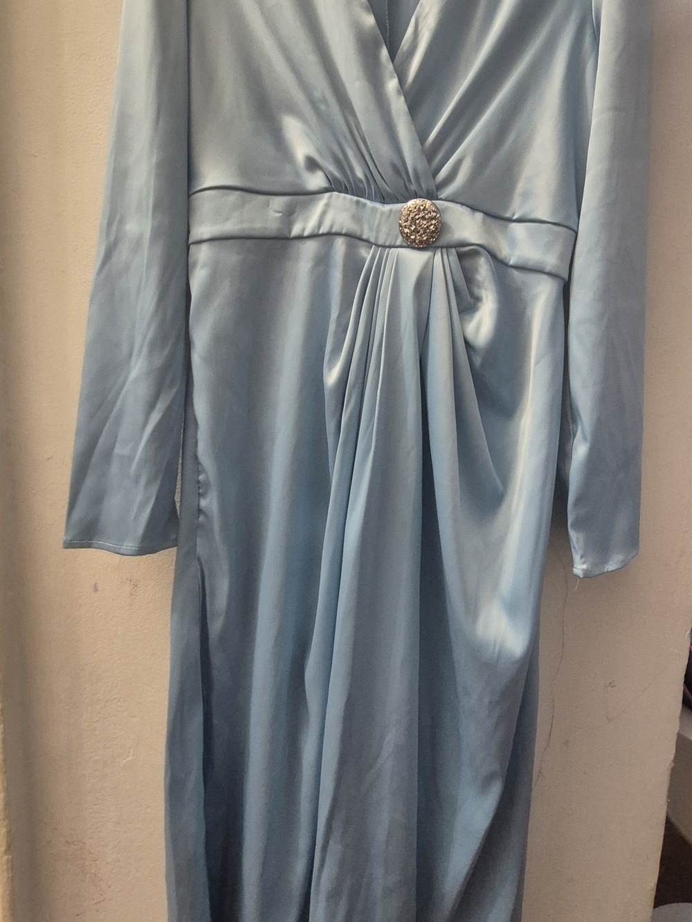 Elegant Light Blue Satin Wrap Dress with Rhinestone Detail